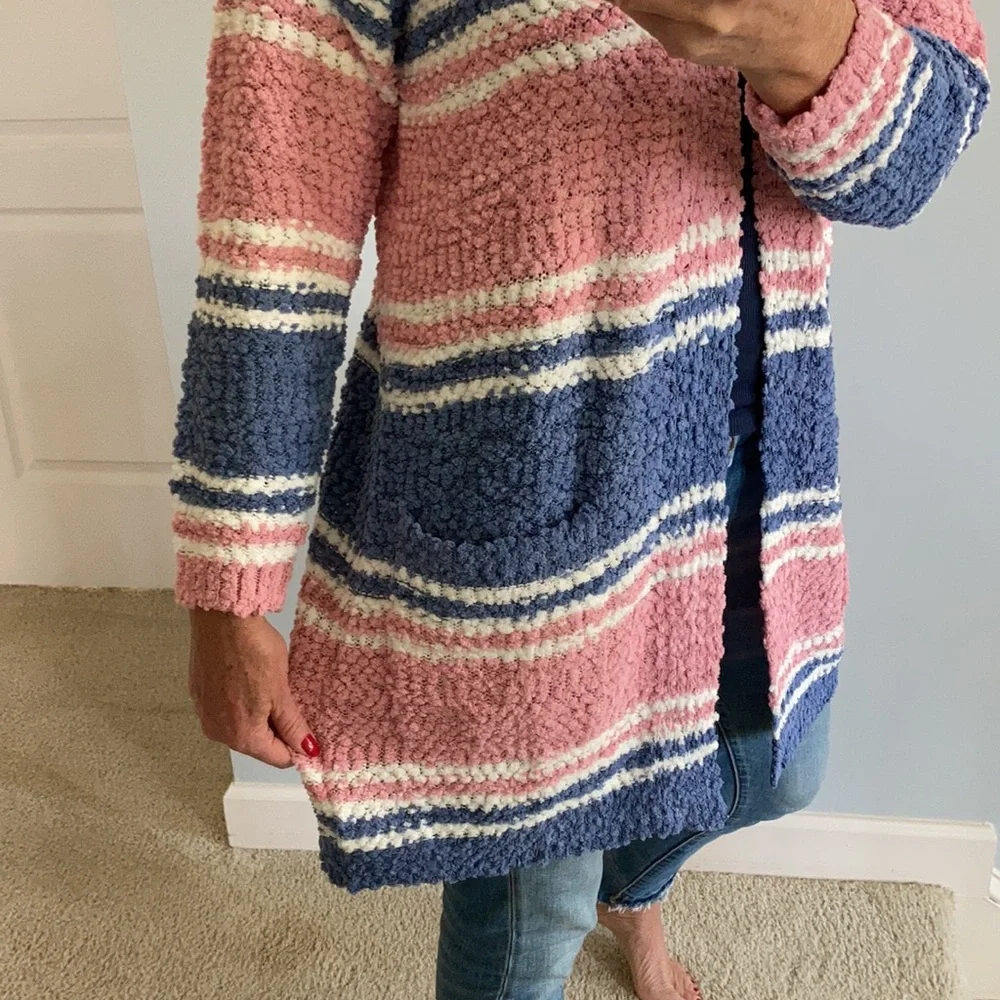ink, Blue & Off White Stripe Popcorn Texture Open Cardigan - Picture 7 of 10